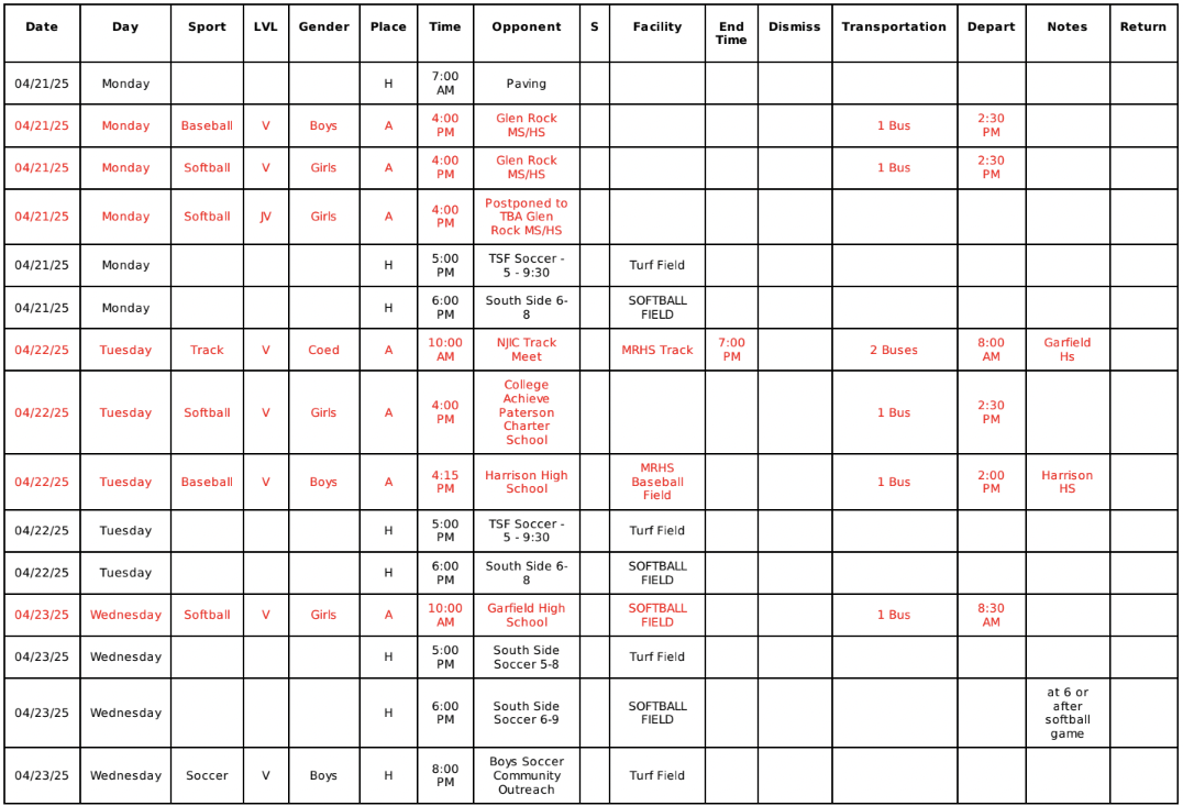 Weekly Sports Schedules